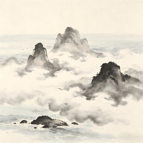 Three mythical island-mountains emerging from sea mist in Chinese ink painting
