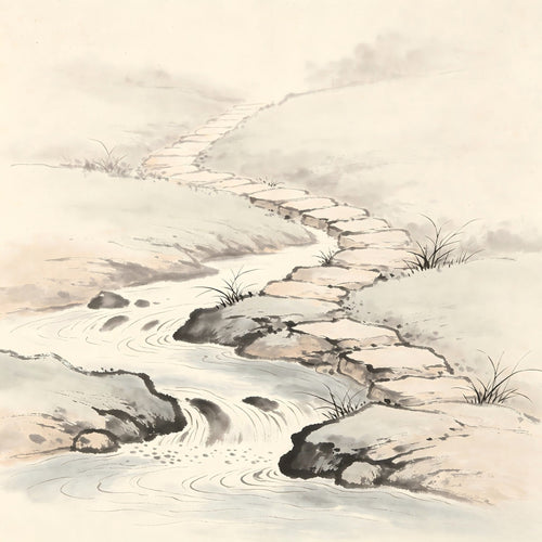 Stepping stones across a stream in misty mountain landscape