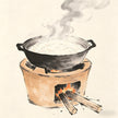 Steaming rice pot over a hearth fire in ink wash style, representing the Fantou rice cooking role in Taoist monastery kitchen