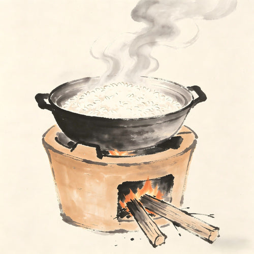 Steaming rice pot over a hearth fire in ink wash style, representing the Fantou rice cooking role in Taoist monastery kitchen