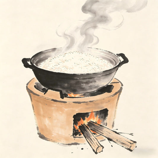 Steaming rice pot over a hearth fire in ink wash style, representing the Fantou rice cooking role in Taoist monastery kitchen