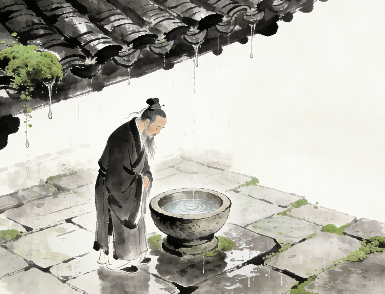 Longhu Mountain Taoist temple courtyard, stone bowl catching rain, bound-haired Taoist priest contemplating water