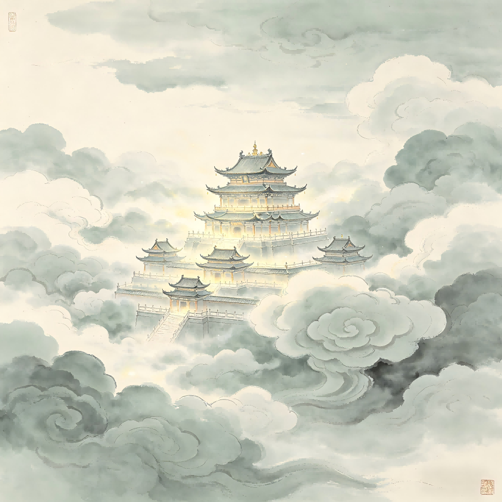 Ethereal celestial realm with subtle forms and luminous palaces representing the Form Realm in Taoist cosmology