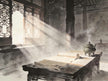 Traditional Taoist temple interior with ancient scriptures