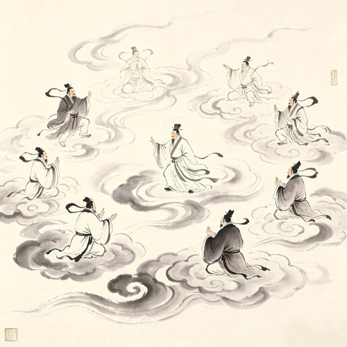 Ritual altar with incense and talismans in ink wash style, representing the Gaogong chief ritual priest presiding over Taoist jiao altar
