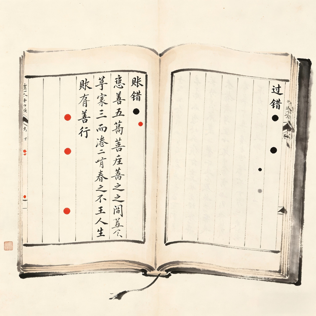 Ancient Chinese merit and demerit ledger with red and black marks