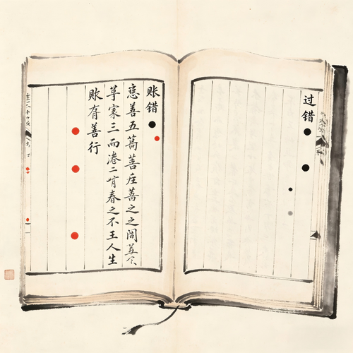 Ancient Chinese merit and demerit ledger with red and black marks