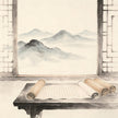 Ancient Chinese scrolls and ritual implements in traditional ink painting style