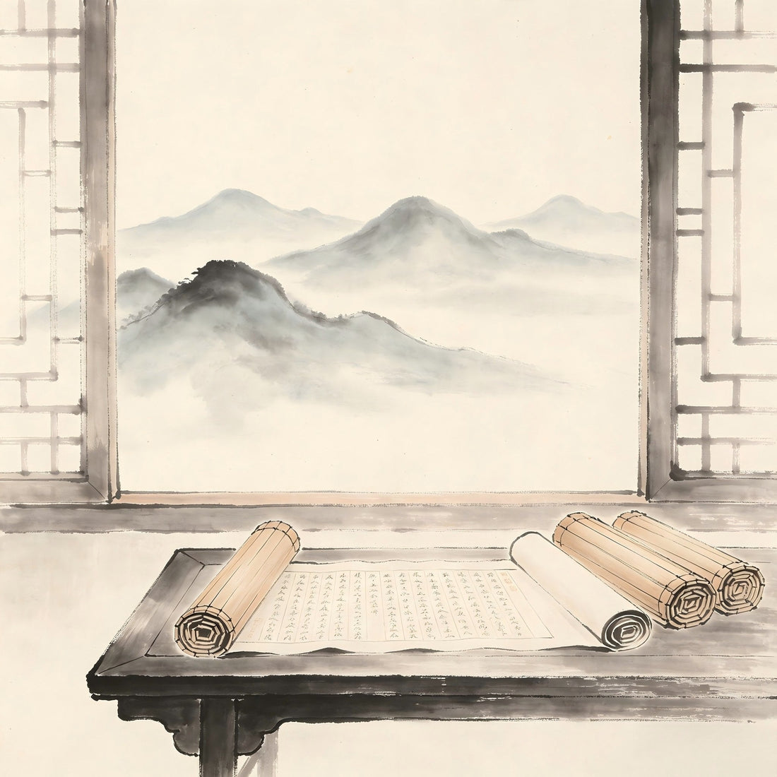 Ancient Chinese scrolls and ritual implements in traditional ink painting style