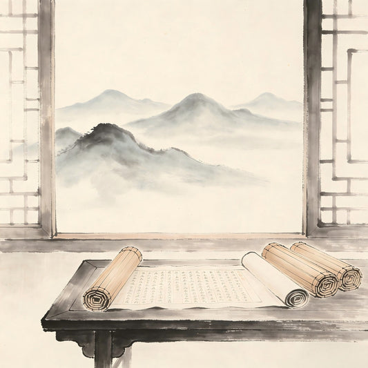 Ancient Chinese scrolls and ritual implements in traditional ink painting style