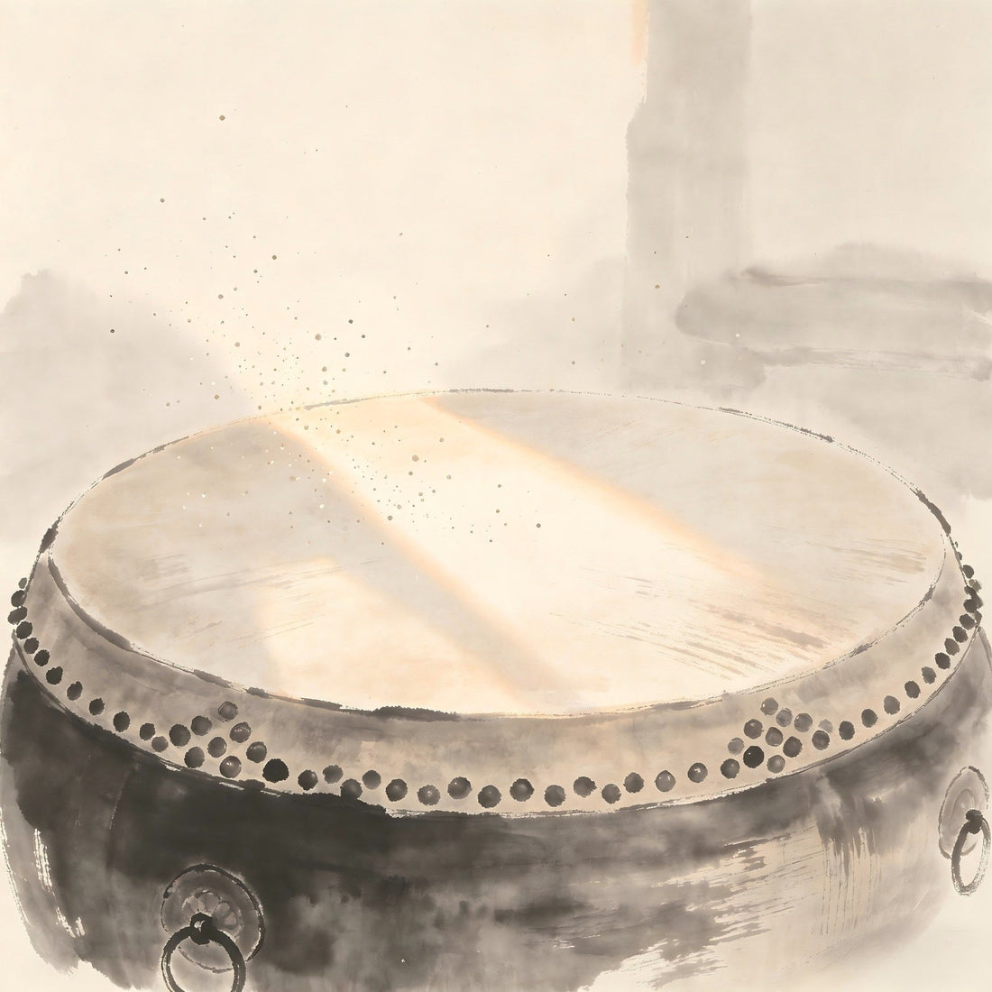 Large bronze drum in monastery hall in ink wash style, representing the Gutou drum keeper role in Taoist monastic timekeeping