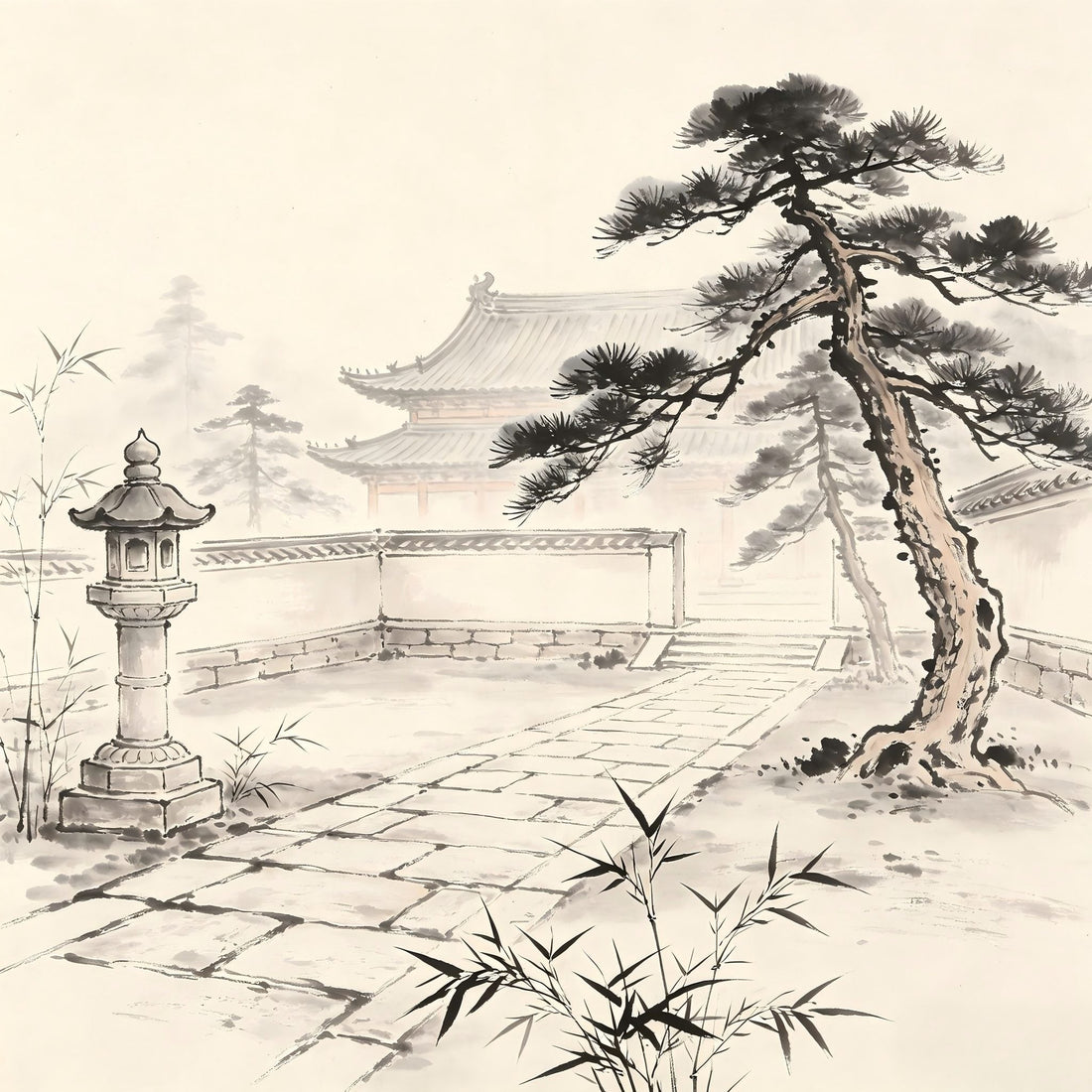 Hai Xun Taoist inspection of monastery grounds ink painting