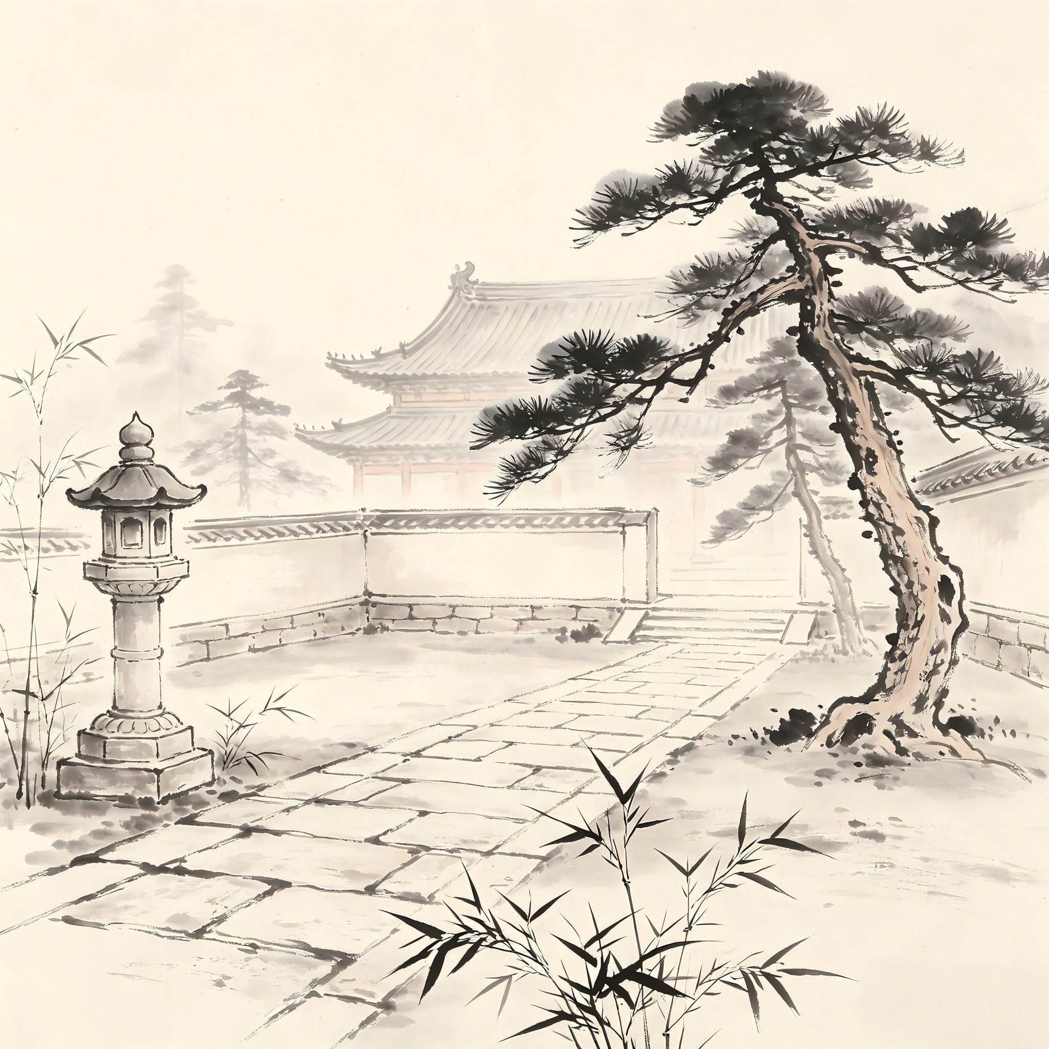 Hai Xun Taoist inspection of monastery grounds ink painting