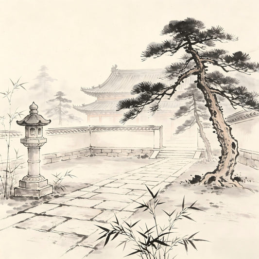 Hai Xun Taoist inspection of monastery grounds ink painting