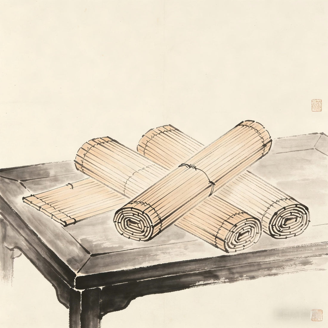 Bamboo slips and ancient scrolls on a desk, representing the Huang-Lao political philosophy