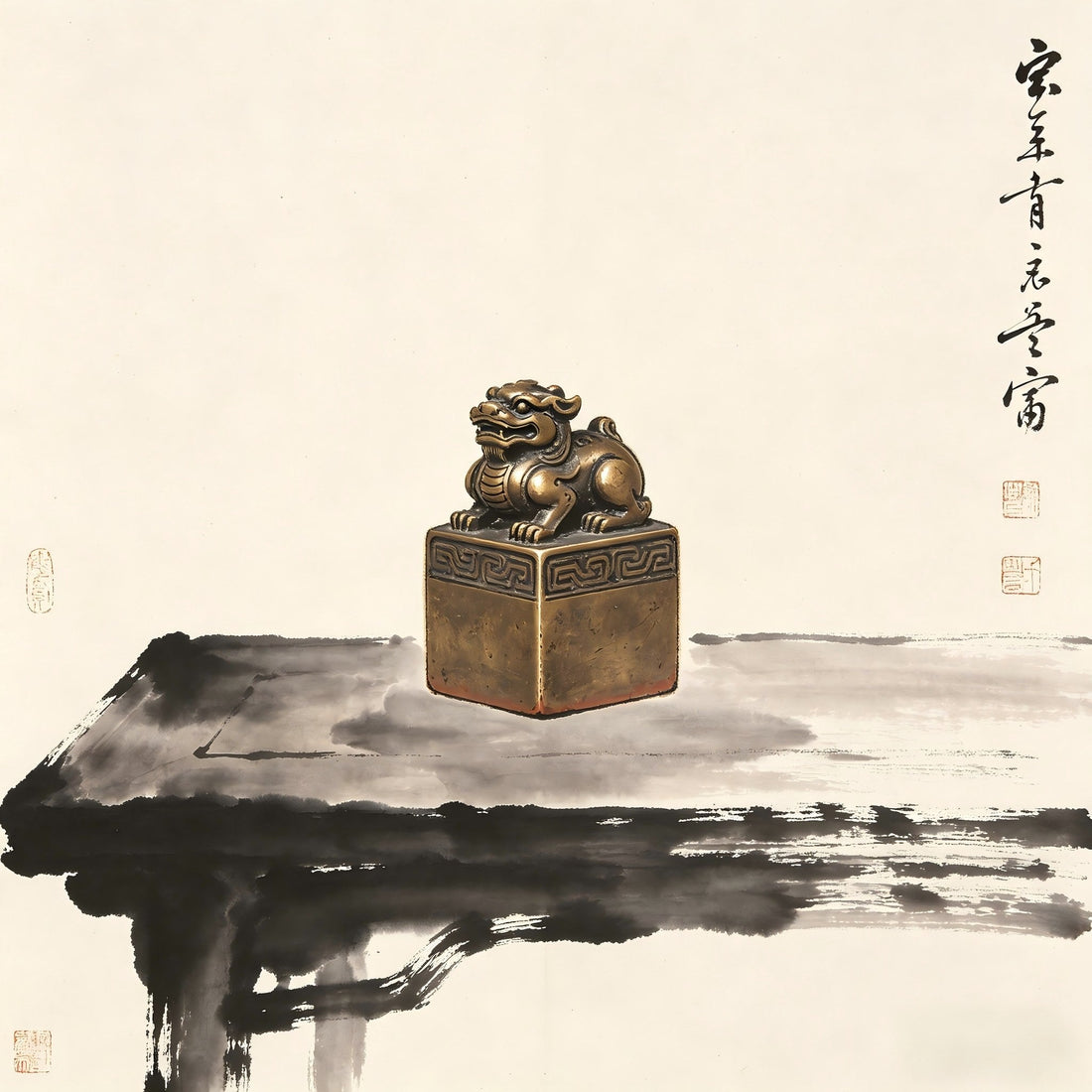 An ancient bronze seal on a desk, representing the Huang Shen Yue Zhang Taoist protective seal