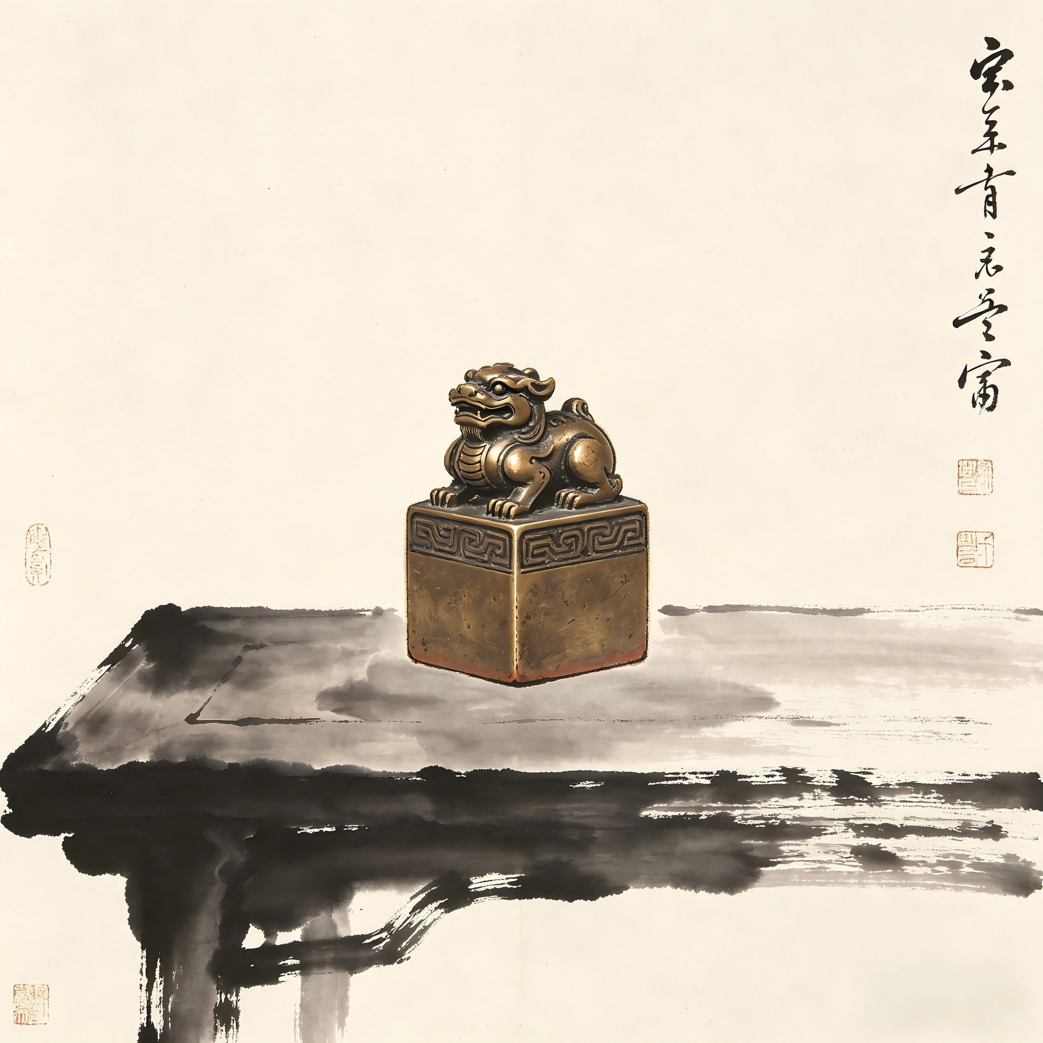 An ancient bronze seal on a desk, representing the Huang Shen Yue Zhang Taoist protective seal