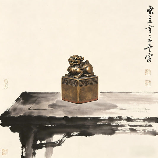 An ancient bronze seal on a desk, representing the Huang Shen Yue Zhang Taoist protective seal