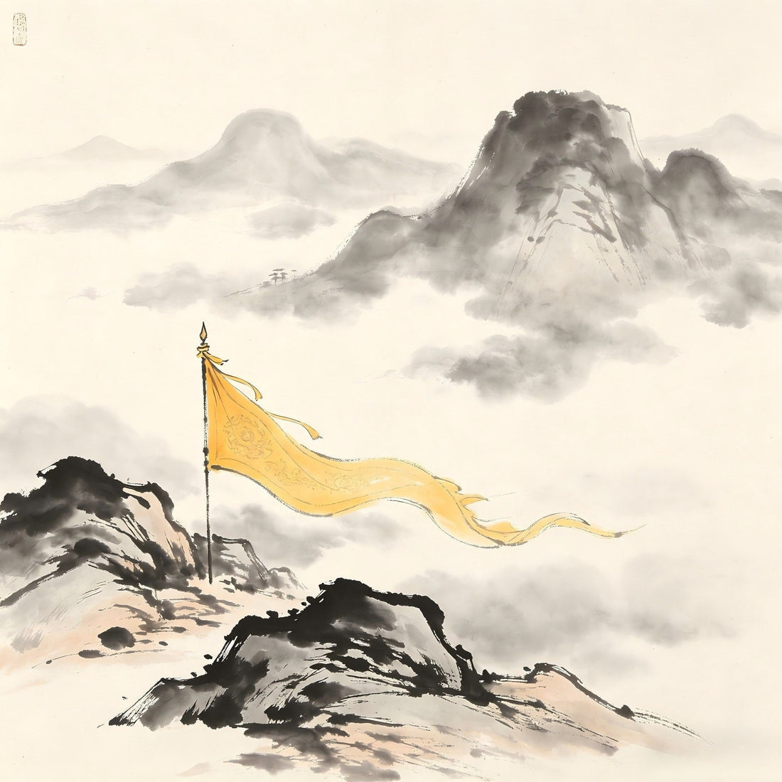 Yellow ritual banner floating in misty landscape, representing the Huangjingzhai salvation ritual for deceased souls in Taoist tradition