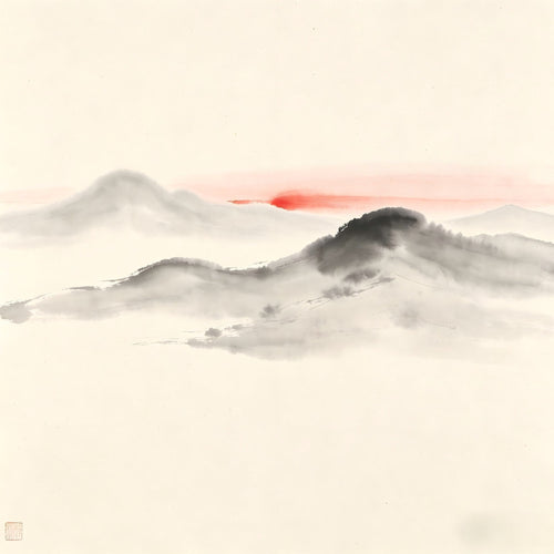 Distant mountains with a red glow at the horizon, representing Taoist fire refinement