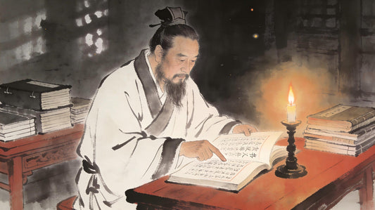 A Taoist priest reading the Book of Later Han by candlelight in a temple library, discovering the term "nei xue" (inner learning) in an ancient text, surrounded by classical manuscripts