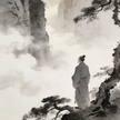 Longhu Mountain morning mist with Taoist priest by ancient pine tree overlooking valley, contemplative atmosphere