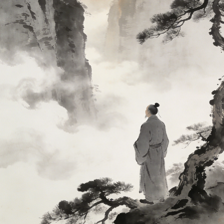 Longhu Mountain morning mist with Taoist priest by ancient pine tree overlooking valley, contemplative atmosphere