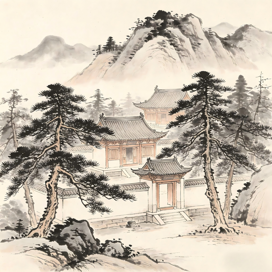 Traditional Chinese monastery courtyard with pine trees in ink wash painting