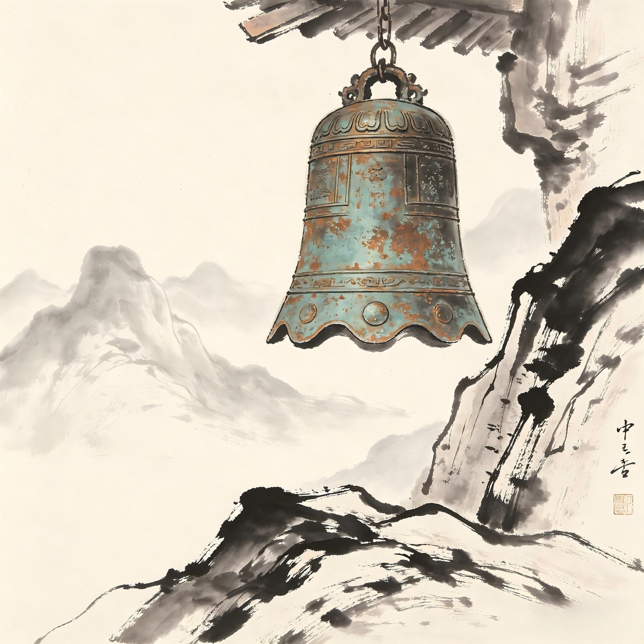 Ancient bell in mountain mist, representing Jianjieshi discipline authority in Quanzhen Taoist ordination