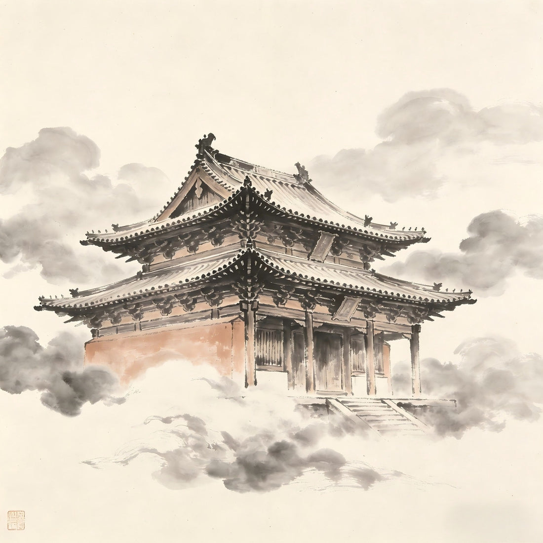 Ancient temple roof beams in misty ink wash, representing Jianxiu construction supervision in Taoist monastery