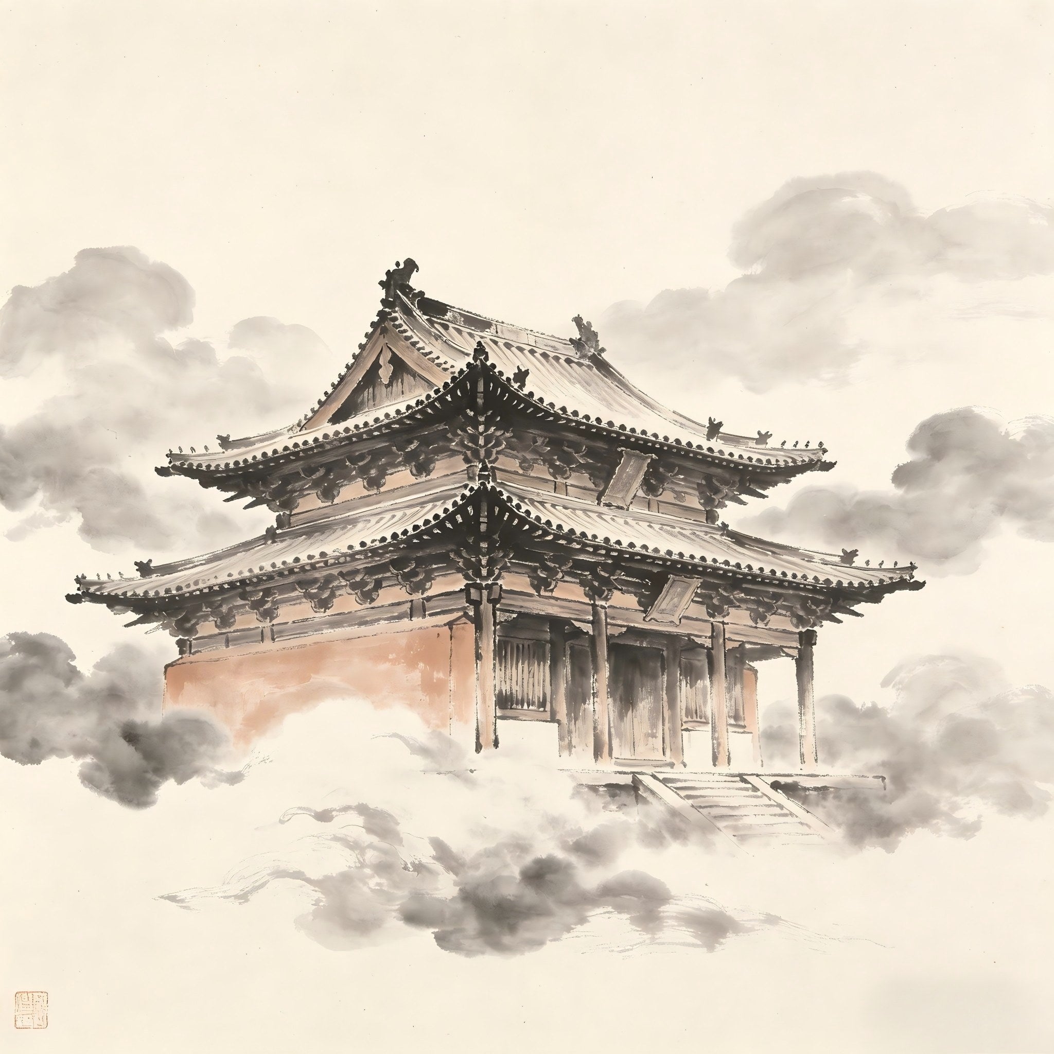 Ancient temple roof beams in misty ink wash, representing Jianxiu construction supervision in Taoist monastery