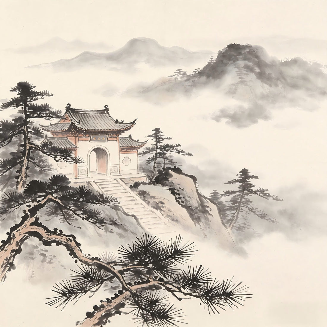 Ancient temple gate in misty mountain landscape, representing Jianyuan abbatial authority in Taoist monastery