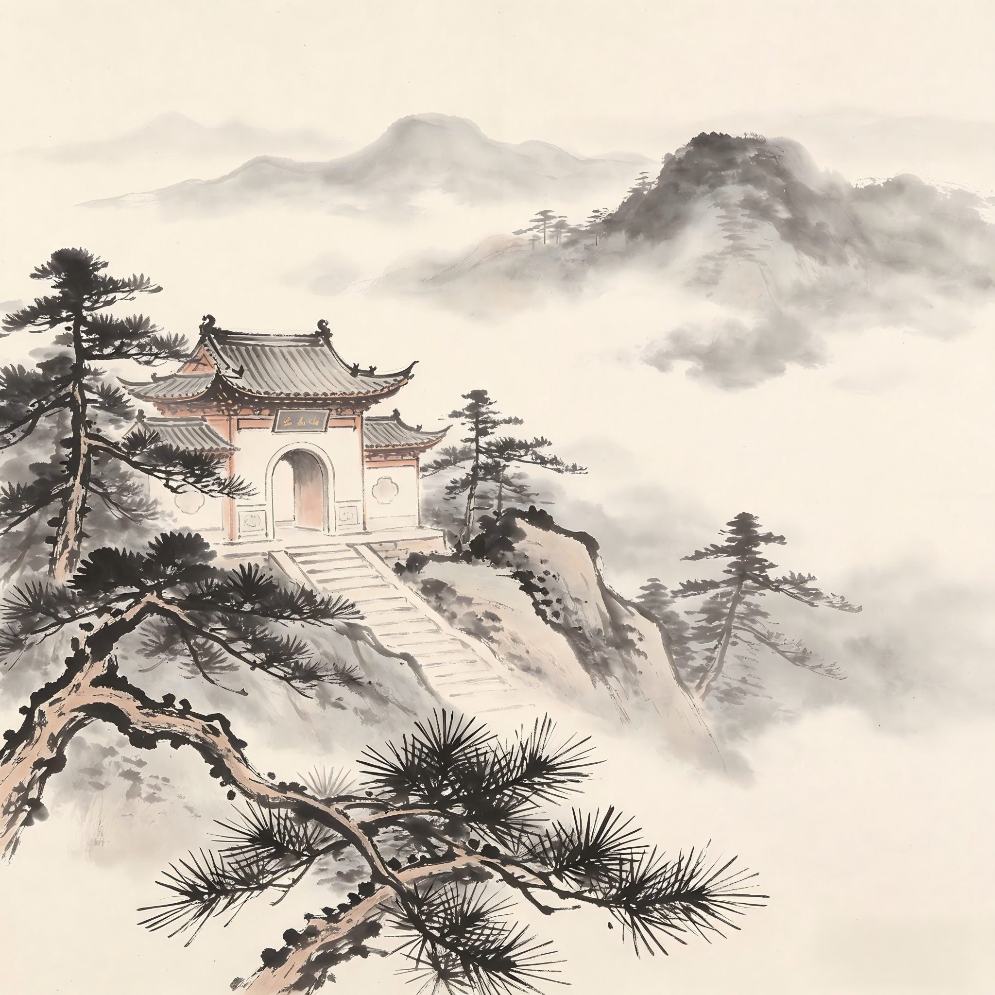 Ancient temple gate in misty mountain landscape, representing Jianyuan abbatial authority in Taoist monastery