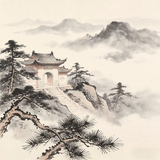 Ancient temple gate in misty mountain landscape, representing Jianyuan abbatial authority in Taoist monastery