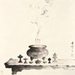 Incense burner and ritual vessels on altar in ink wash, representing Jianzhai ritual supervision in Taoist tradition