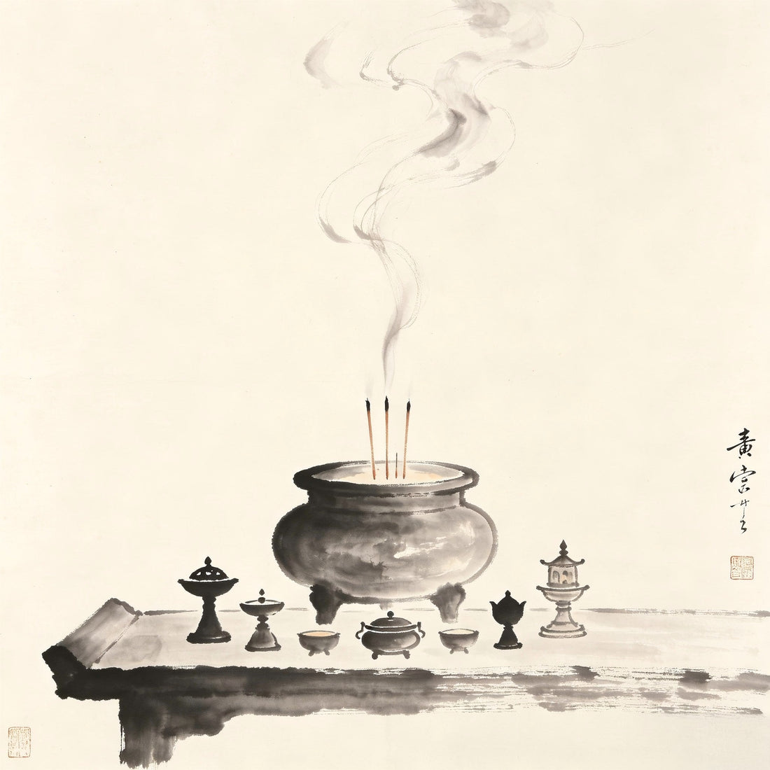 Incense burner and ritual vessels on altar in ink wash, representing Jianzhai ritual supervision in Taoist tradition