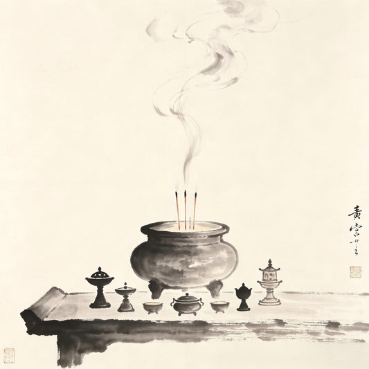 Incense burner and ritual vessels on altar in ink wash, representing Jianzhai ritual supervision in Taoist tradition