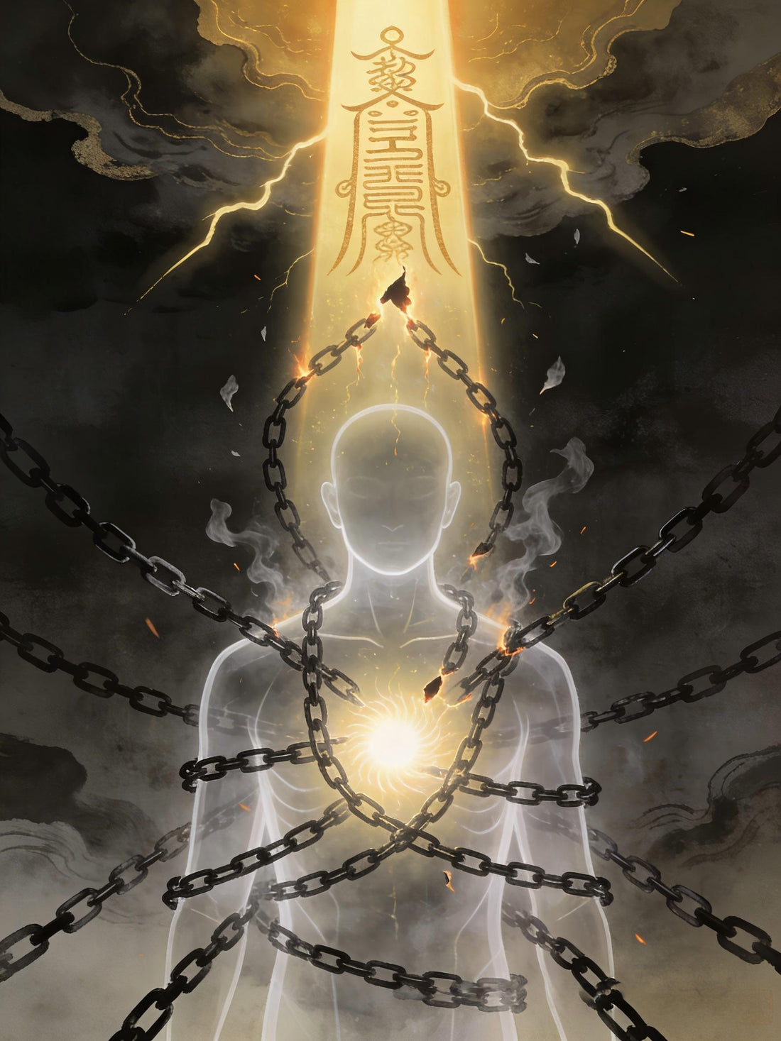 Dissolving karmic bonds - chains breaking under golden light