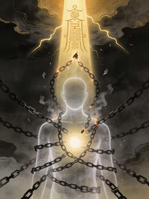 Dissolving karmic bonds - chains breaking under golden light