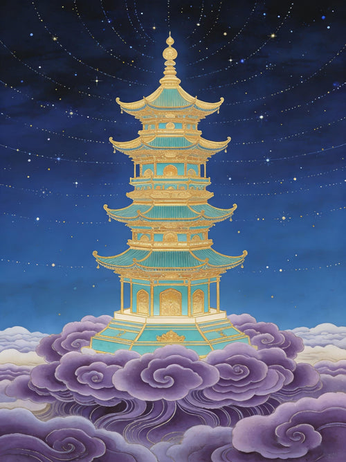 Celestial treasure-terrace enduring through cosmic aeons above clouds