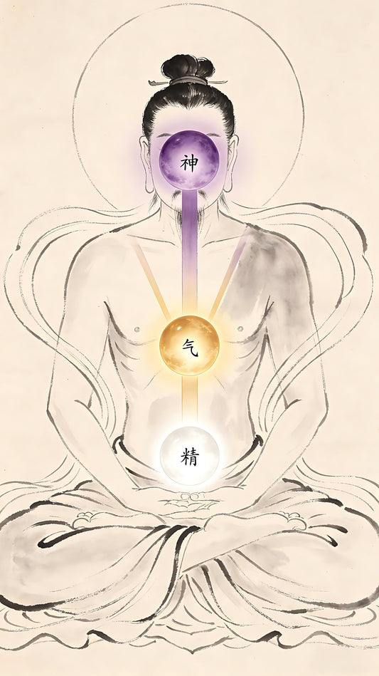 Three intertwined energy orbs in a Taoist cultivator's body — essence, qi, and spirit as the Three Treasures