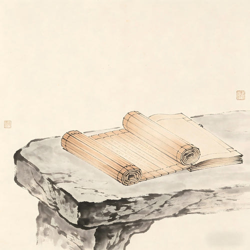 Ancient bamboo slips on a stone desk, representing the Taoist Jing She refined dwelling