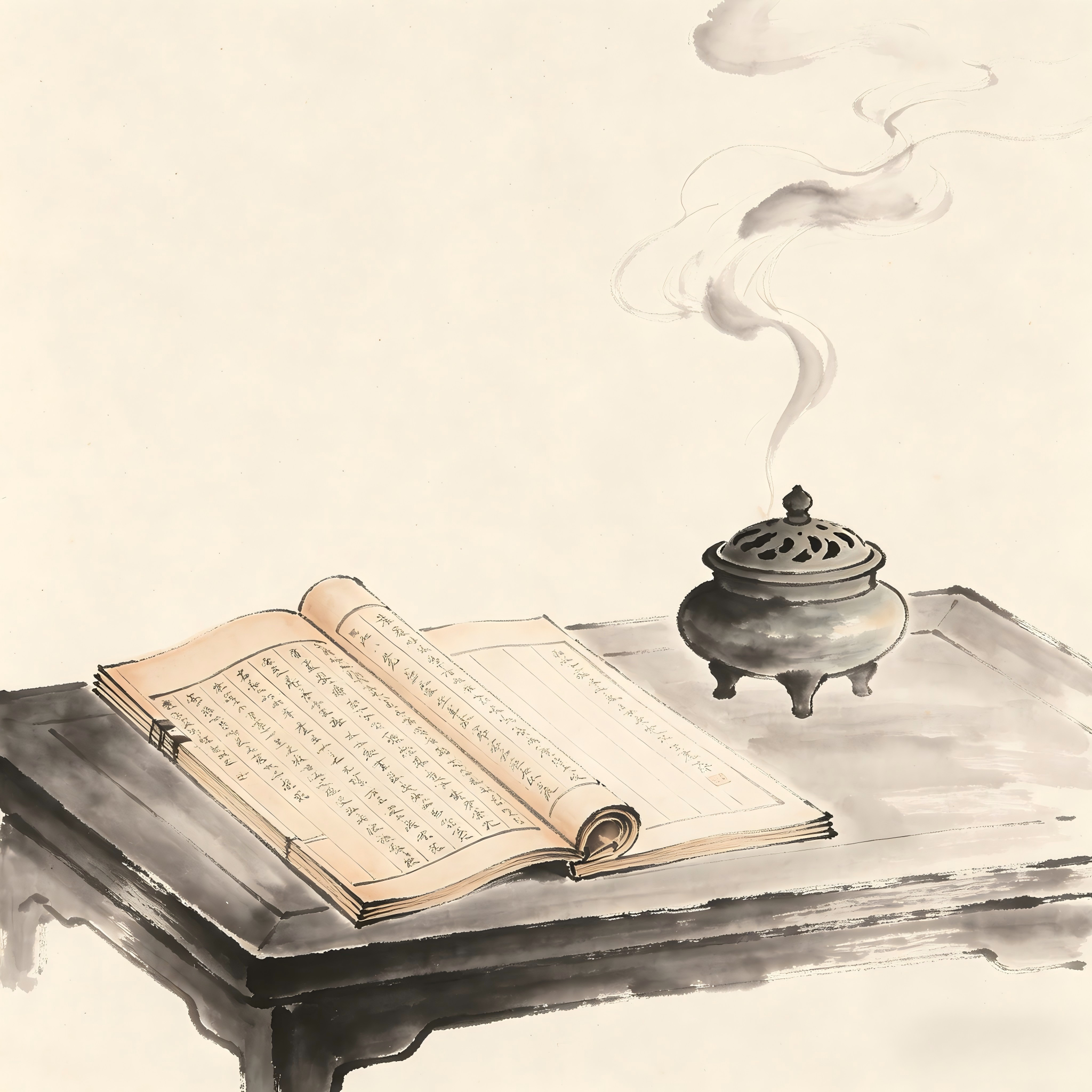 Ancient Chinese scripture scrolls and incense in ink wash painting