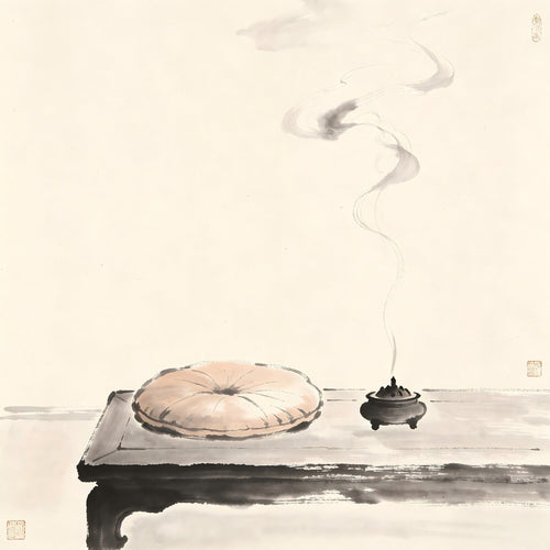 Meditation cushion in a quiet hall with incense smoke in ink wash style, representing the Jingzhu meditation hall in Taoist monastic tradition