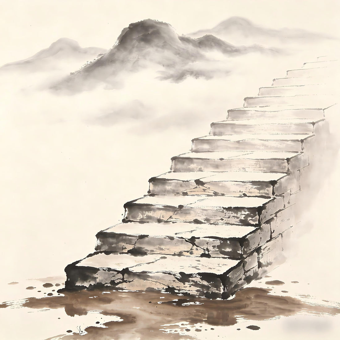 Nine ascending terraces from muddy lowland to cloud-wreathed peaks, traditional Chinese ink painting