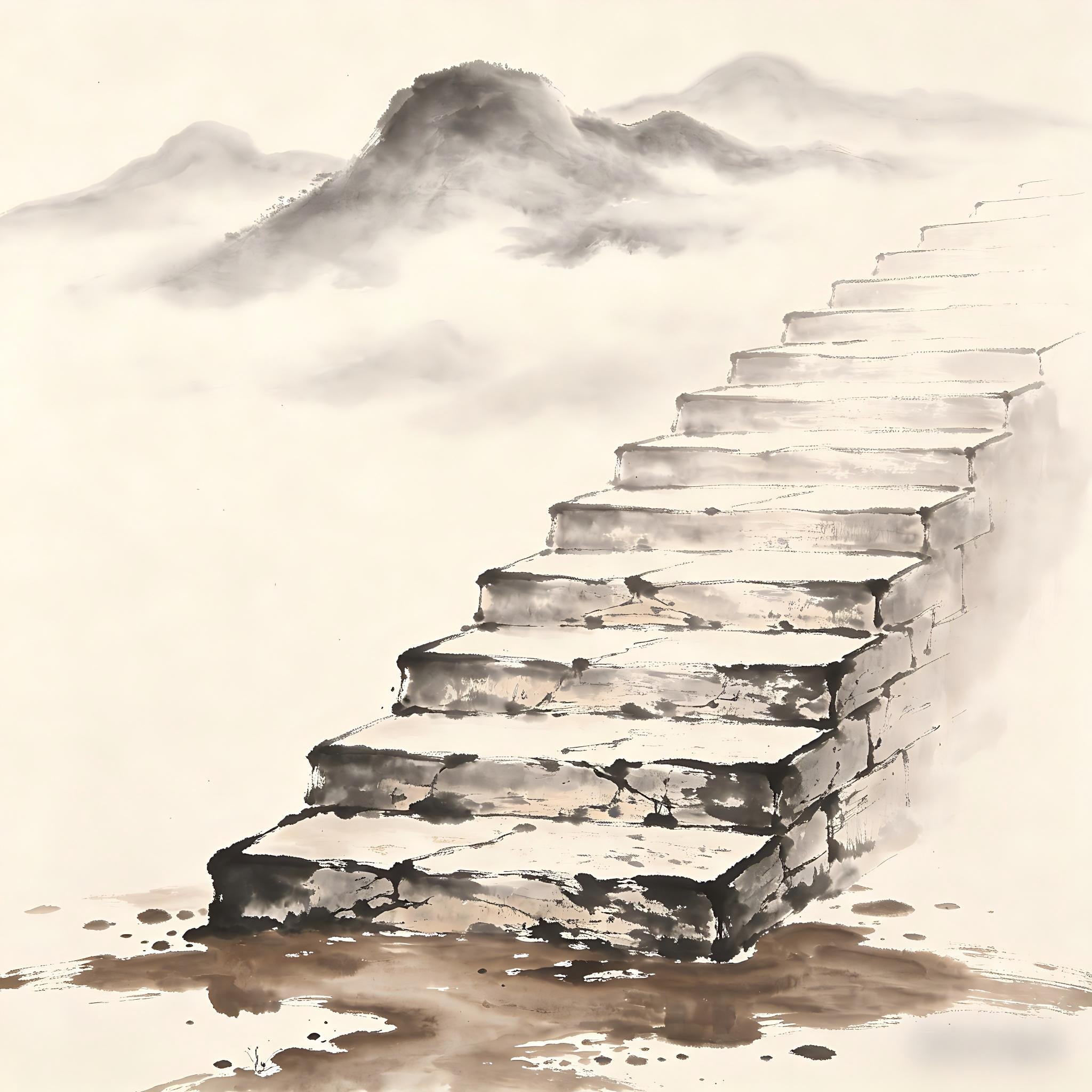 Nine ascending terraces from muddy lowland to cloud-wreathed peaks, traditional Chinese ink painting