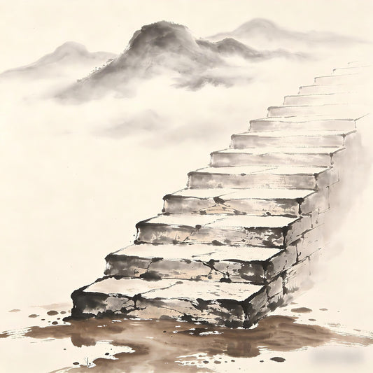 Nine ascending terraces from muddy lowland to cloud-wreathed peaks, traditional Chinese ink painting