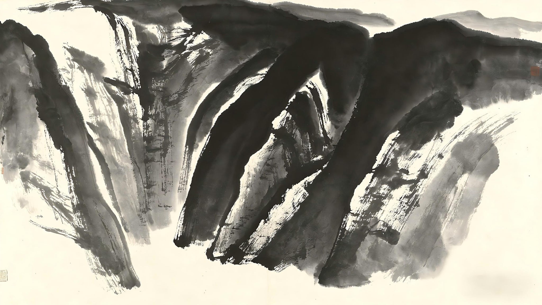 Dark valley depths in traditional Chinese ink painting, representing the Nine Dark Realms