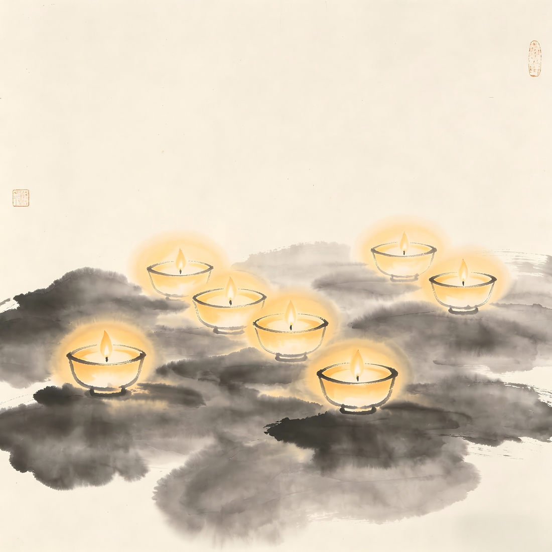 Taoist Nine Dark Realms breaking darkness ritual lamps in ink wash painting