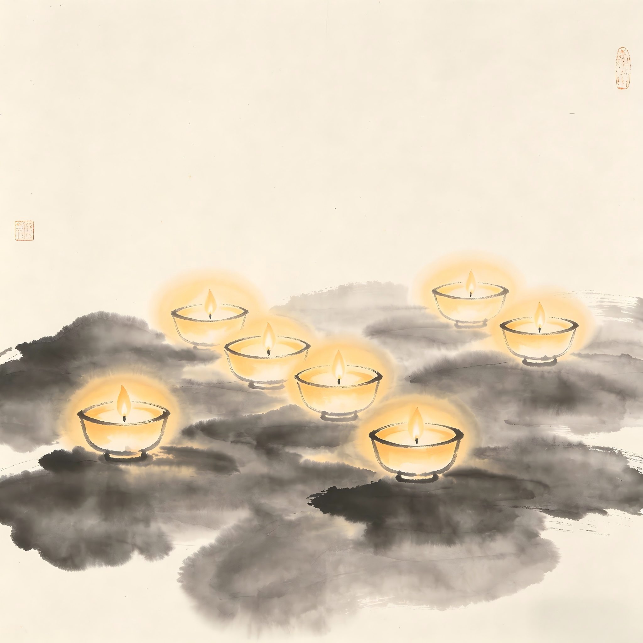 Taoist Nine Dark Realms breaking darkness ritual lamps in ink wash painting